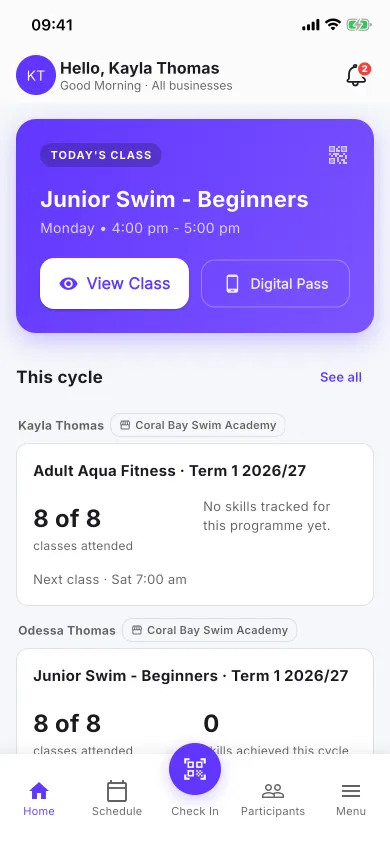 nnerb client app home screen showing upcoming sessions for the family