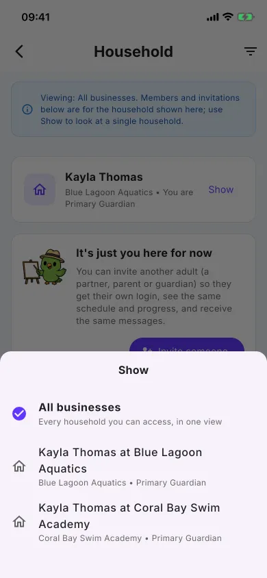 nnerb client app Show menu with All businesses at the top and each household listed below it