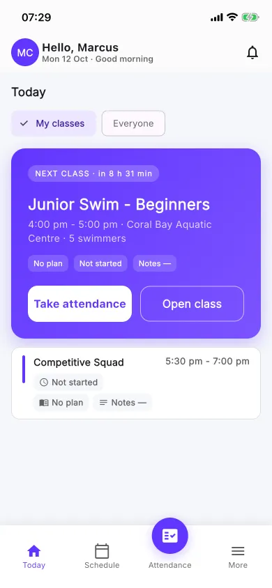 The nnerb Staff App Today screen listing a coach's classes with the next step on each.