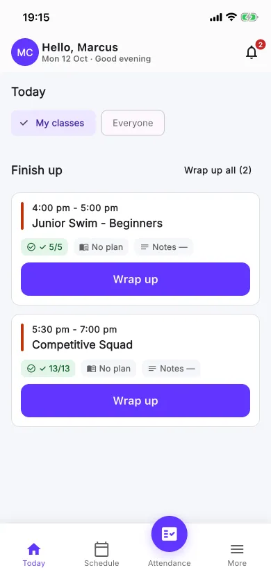 The nnerb staff app Today screen with a Finish up list of ended classes and a Wrap up all button.