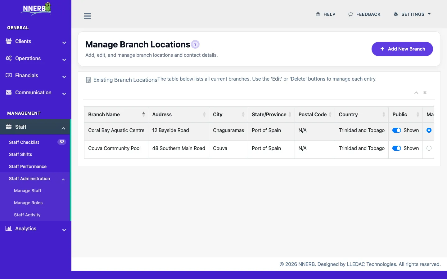 A screenshot showing how to manage multiple business locations in NNERB.