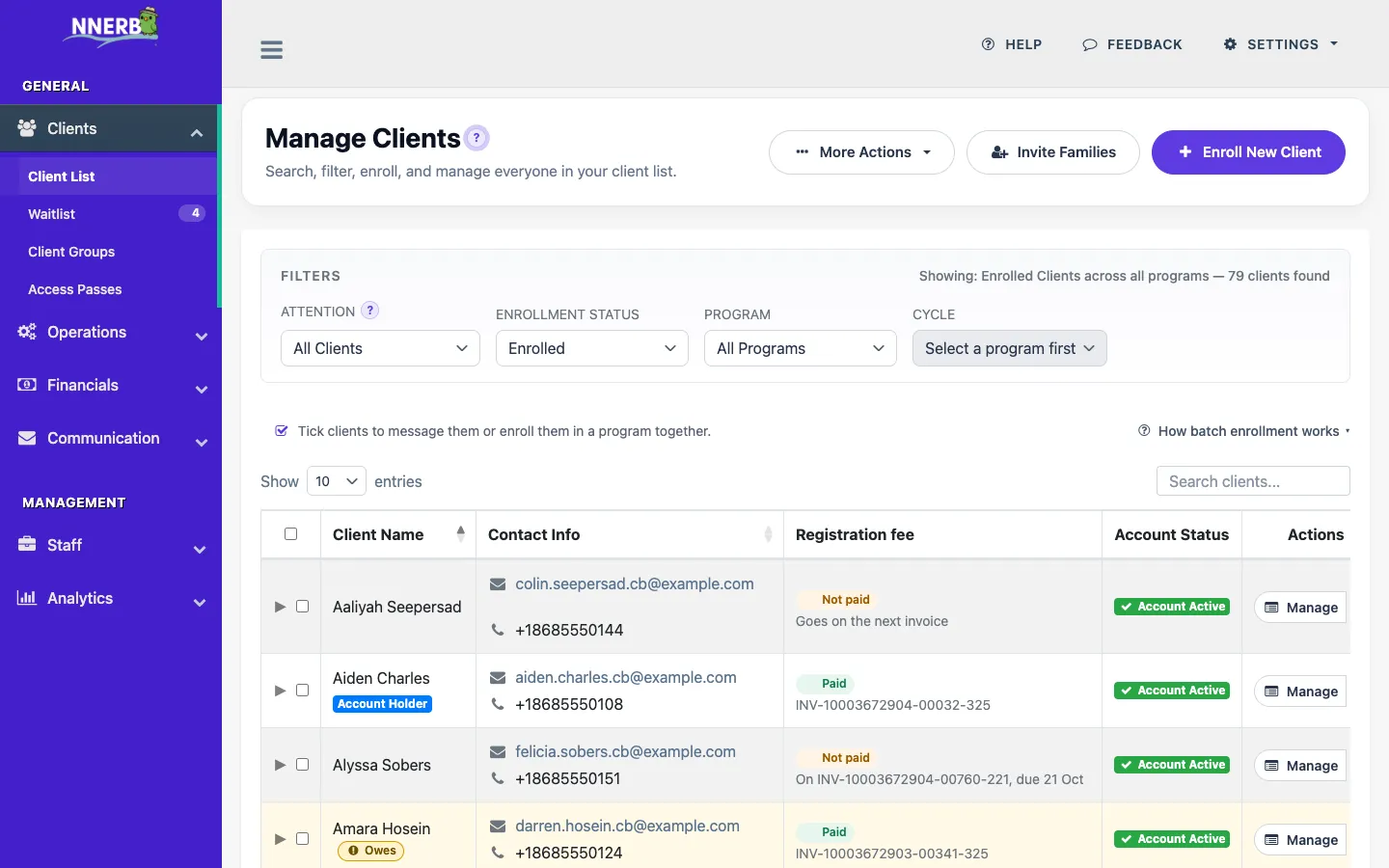 A screenshot showing the client list and filtering options in NNERB.