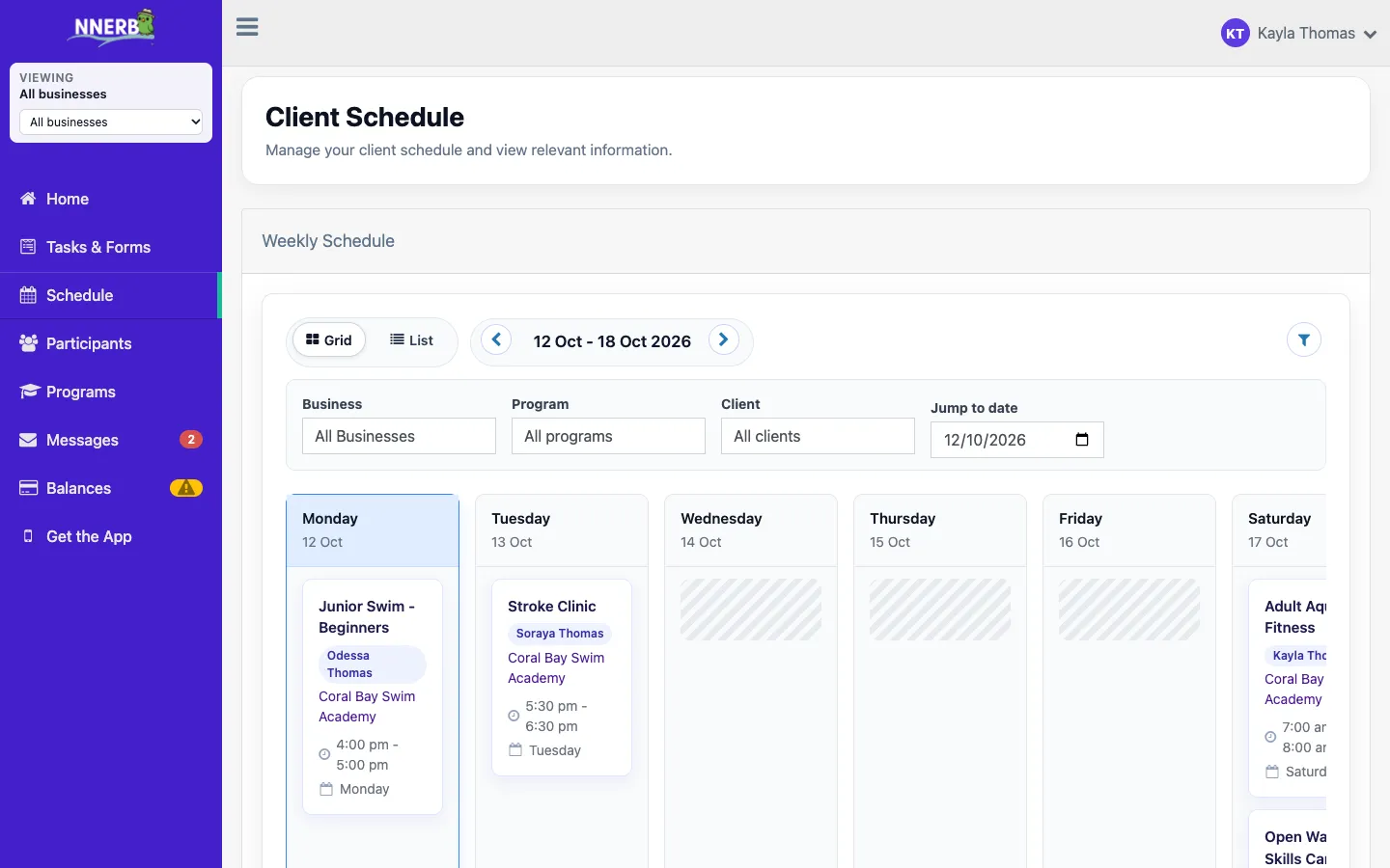 nnerb client portal on the web showing sessions from several businesses with an All businesses selector