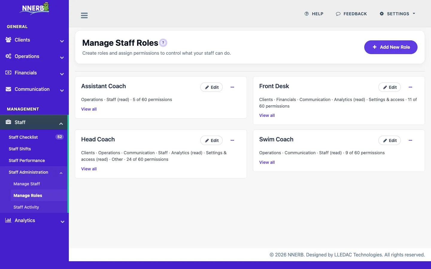 A screenshot of the staff and role management interface in NNERB.