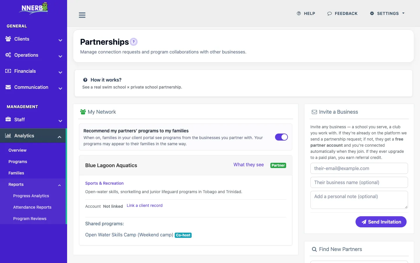 nnerb My Partnerships page showing a partner in the network, its shared programs and the Participants, Progress and Attendance sharing switches