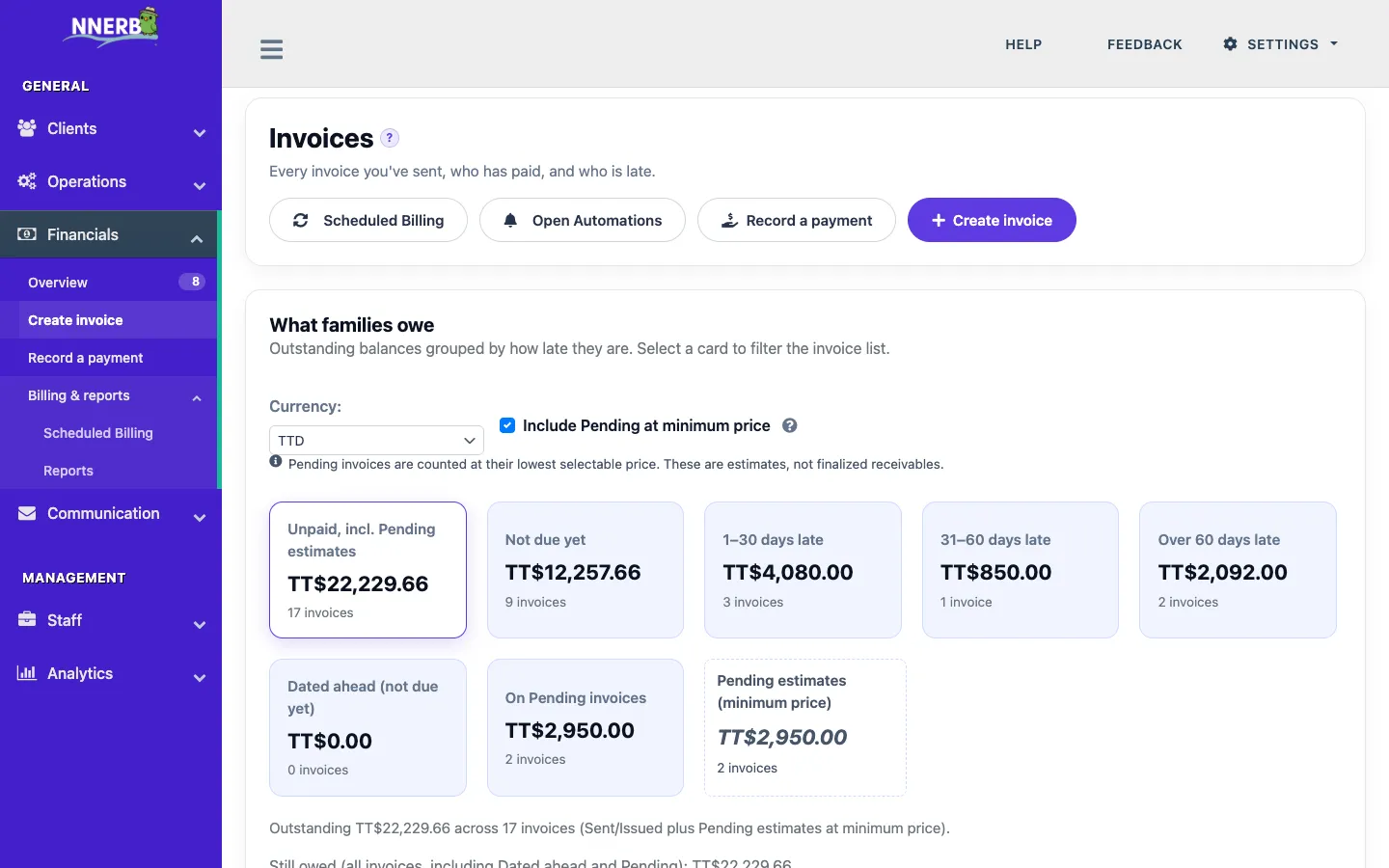 The nnerb invoice list aging view with the option to include Pending invoices at their minimum price.