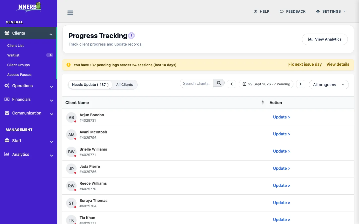 A class roster in nnerb after attendance is saved, reopened as a progress sheet with each present learner's skills, a scale chip per skill and a one-line note.