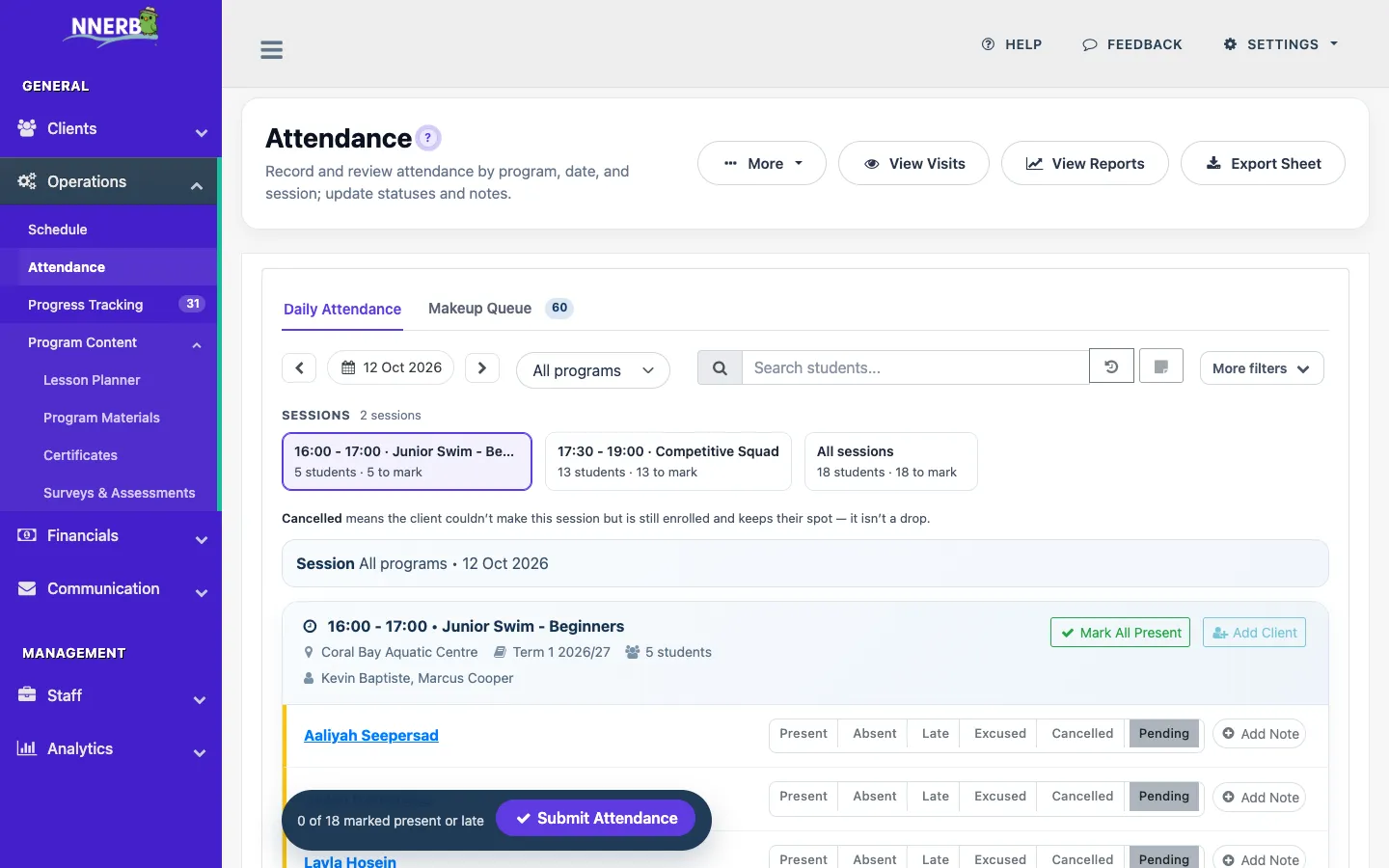 NNERB attendance workspace used to review attendance records.