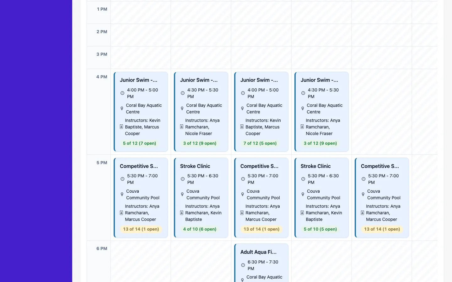 A screenshot of the weekly visual calendar in NNERB.