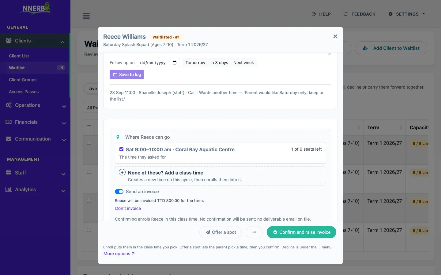 The nnerb waitlist review screen with an Enroll panel showing the class times that have room, the price options and the invoice choice for a waitlisted child.