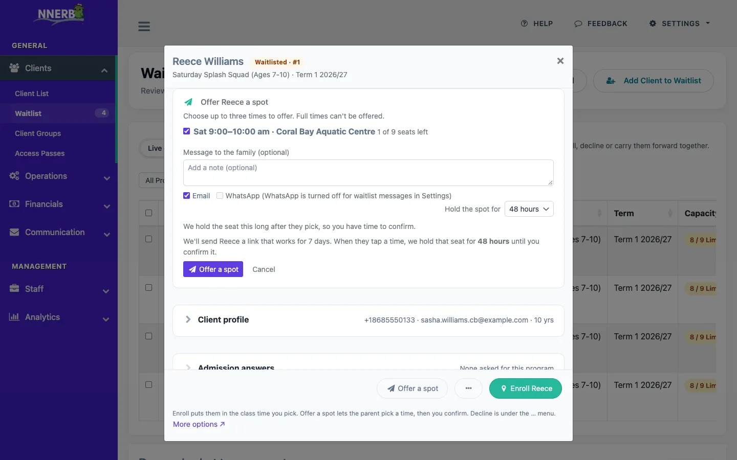 The Offer a spot panel on the nnerb waitlist, with up to three class times selected, an optional message, email and WhatsApp options and a hold-length choice.